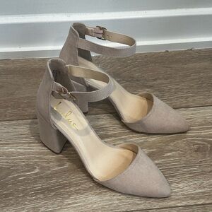 Worn once! Beige suede block heels 3.5”